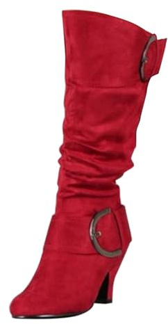 Dam mocka slouch knähöga stövel block hälspänne | Dam mocka slouch knähöga stövlar med spänne detalj och blockklack för enkel, elegant vardagsstil