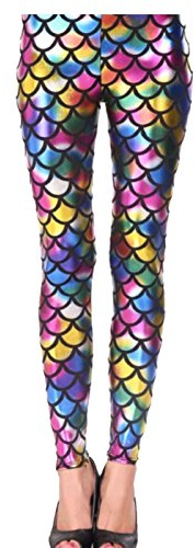 Hamishkane New Ladies Mermaid Fish Scale Print Slim Fit Shiny Disco Metallic Leggings Pants
