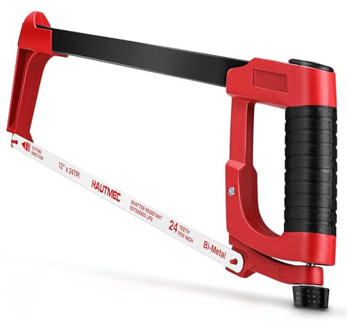 HAUTMEC 300mm Adjustable Hacksaw Frame with Blade Cabin, Heavy Duty 45°/90°2 Sawing Angles, 24 TPI High Tension Bi-Metal HSS Blade, for Metal, Steel Pipe, PVC, Wood HT0015-CT