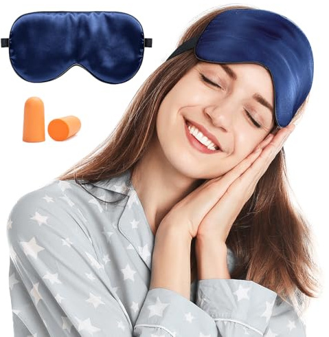 Viedouce Masque de Sommeil Nuit Soie, 100% Soie Naturelle Occultant Ultra-Douce Voyage Yeux pour Dormir (1 Pack - Bleu Foncé)​
