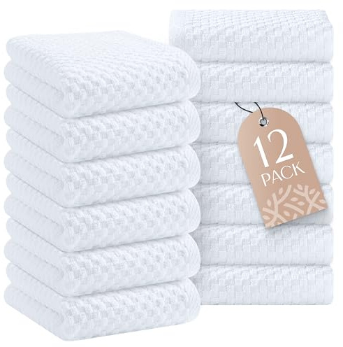 Confezione da 12 asciugamani da cucina in cotone, tessuto a nido d'ape per ricamo, in spugna assorbente, per lavare le mani e asciugare i piatti, 38 x 66 cm, bianco
