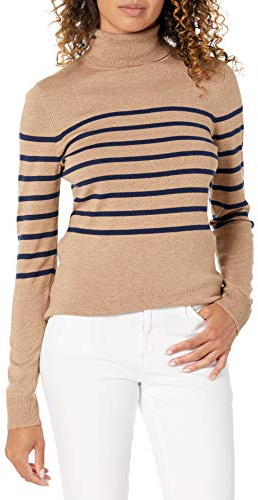 Amazon Essentials Jersey de Manga Larga Ligero de Corte Clásico Mujer, Camel Azul Marino Franja Central, XXL