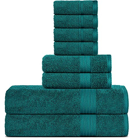 Sweet Needle Set di asciugamani di lusso in cotone - 2 asciugamani da bagno, 2 mani e 4 lavamani/viso - 500 g/mq, doppie cuciture, orlo resistente, verde acqua (8 pezzi)