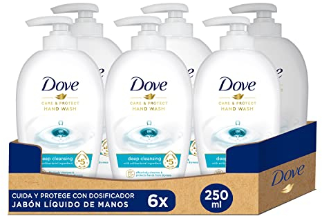 Dove Sapone liquido per le mani cura e protegge con ingredienti antibatterici e 5 idratanti, confezione da 6 x 250 ml