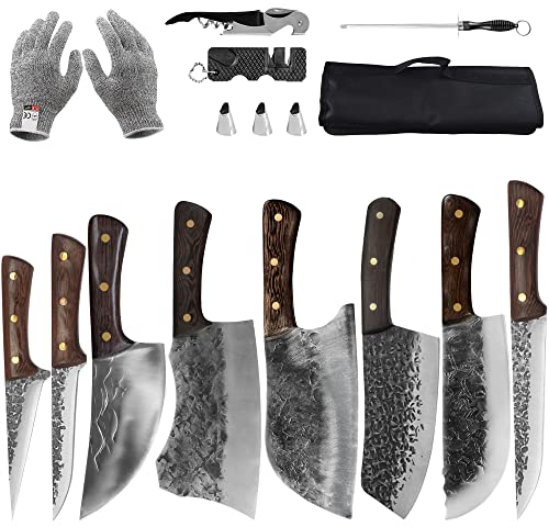 FULLHI Set di coltelli da macellaio 14pcs Coltelli da cucina in acciaio ad alto tenore di carbonio forgiati a mano per cucina, campeggio, barbecue