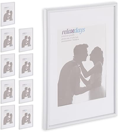 Relaxdays 10 x Bilderrahmen, Din A4, Passepartout 15x20 cm, Glasscheibe, Fotorahmen zum Stellen oder Hinhängen, Rahmen, weiß