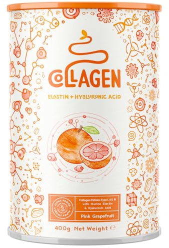 Collagene in Polvere | Collagen Peptides Idrolizzato Puro con Acido Ialuronico | Integratore Collagene da Bere | Colageno Donna e Uomo per Capelli Pelle e Ossa | Pompelmo Rosa | 400g | Alpha Foods