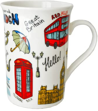 The Leonardo Collection Tazza per bevande calde, motivo Londra, in porcellana fine, stampata, per cucina e casa, tazze da tè e caffè riutilizzabili per ogni occasione e tutti i tipi di bevande