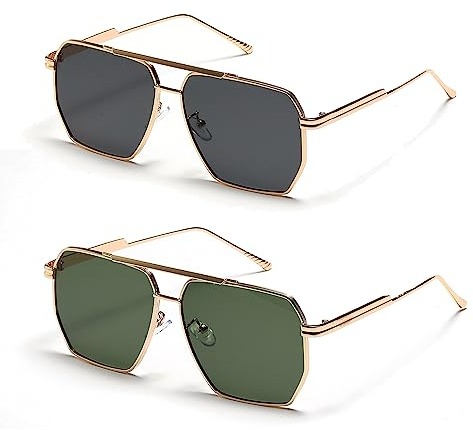 YUELUQU Vintage rechteckige Sonnenbrille modische Retro-Brille mit quadratischem Rahmen Für Damen Herren Mit Uv Schutz (Gold Grau+grün)