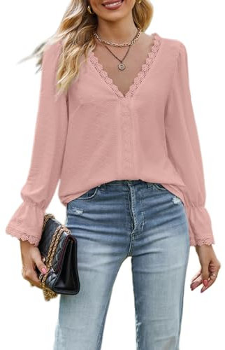 HUXRAKV Casual Camicia Donna Elegante Scollo a V Pizzo Patchwork Maglietta Manica Lunga Camicetta Maglia Jacquard Dressy Affari Lavoro T Shirt Top,A-Rosa,L