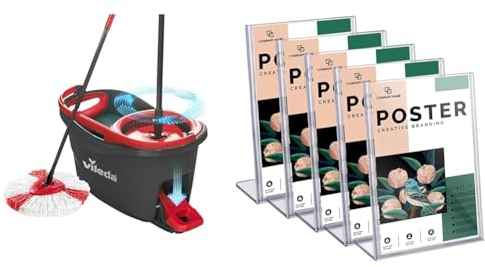 Vileda Turbo Microfibre Mop And Bucket Set, Spin Mop For Cleaning Floors & weegoo 5 Pack A4 Acrylic Sign Holder, Clear Plastic Display Sign Stands
