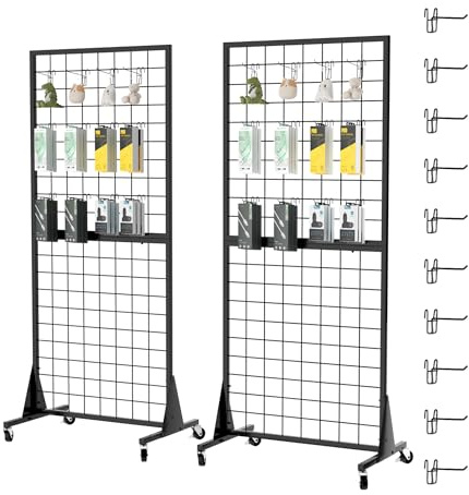 DEYEGELEA Gridwall Panel Display Stands, 2'x5.5' Ft Shop Display Rack With Wheels, Movable Heavy-Duty Freestanding Retail Display Rack with Hook, For Photo, Artists,Market,Craft fairs(2 Pack)
