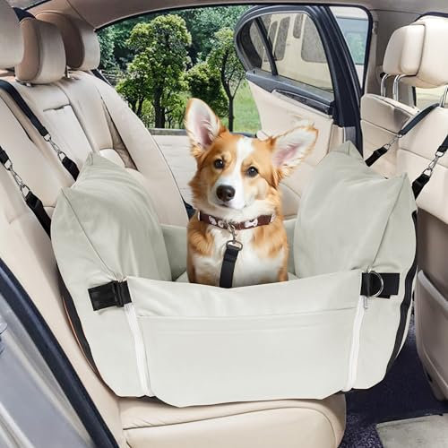 Wasserdicht Vielseitig Hunde Autositz für Mittlere Hunde unter 27 kg, Hundeautositz Hundesitz Rückbank Hundekorb Hundetransport Auto Tragbare Hundebett mit Aufbewahrungstaschen, Beige 76 x 52 x 40 cm