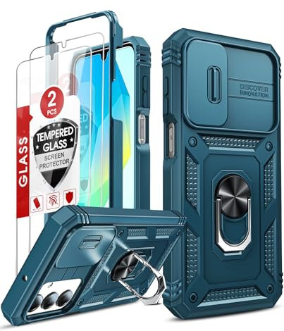 LeYi for Samsung Galaxy A16 5G/4G Case with Camera Cover Slider, 360 Full Body Armour Military Protective Tough Phone Cover| 2 Pack Tempered Glass Screen Protector | Ring Stand Holder for A 16 Blue
