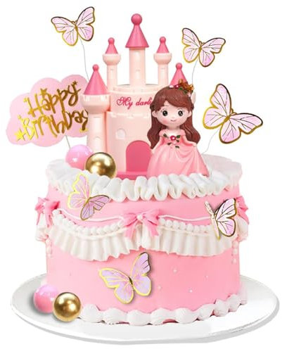 Princess Castle Cake Toppers - Pink Butterflies & Balls, Fairy Decorations for Girl's Birthday Parties
