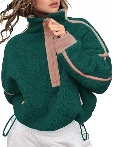 Kumufenc Womens Half Zip Pullover Sweatshirts Fashion Sherpa Fleece Jackets Long Sleeve Workout Hoodies(Pink-green,Small)