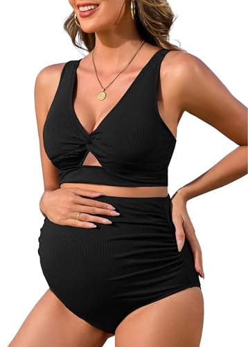 Charmo High Waist Maternity Swimsuit V Neck Two Piece Sexy Bikini Set Push Up Pregnancy Bathing Suit Black M