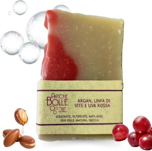 Antiche Bolle - Sapone Solido Naturale all’Olio d’Oliva, Argan e Linfa di Vite - Sapone Mani Viso e Corpo Idratante, Elasticizzante e Antiossidante per Pelle Matura e Secca - 100g