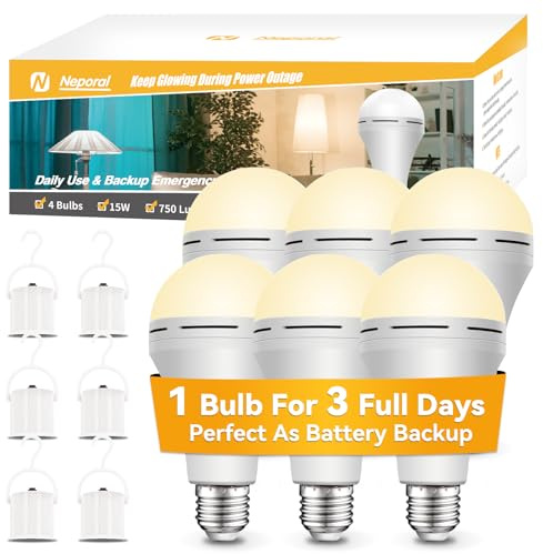 Neporal LITE PRO Battery Backup Light Bulbs, 2600mAh Rechargeable Light Bulbs, Perfect As Emergency Lights for Home Power Failure, Hurricane Prepareness Item, E26/E27