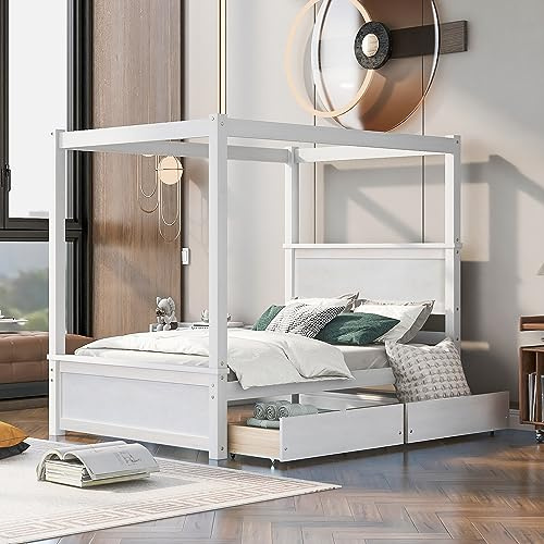Merax Full Size Canopy Platform Bed with 2 Drawers, Wooden Bed Frame with Support Slats, No Box Spring Needed, Brushed White