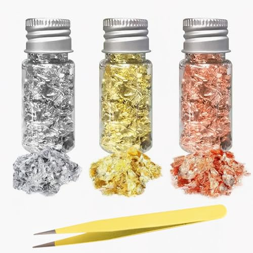 3 Bottles Decorative Gold Leaf, Non-Edible Gold Foil Flakes with Tweezer
