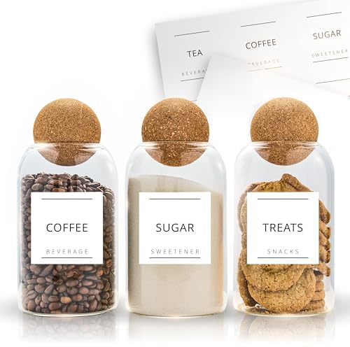 Fix Space Tea Coffee Sugar Canisters – Set of 3 Unique Cork Ball Glass Jars – Stylish Tea and Coffee Jars with Waterproof, Removable Labels – Ideal for Kitchen Organisation (750 ML)