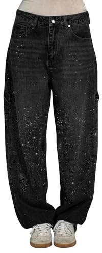 Pantalons en Denim à Strass Harem Droits à Jambe Large Pantalons Baggy en Denim à Taille Haute Élastiques Dégradés Jeans Brillants Vintage Sparkle Pantalons Larges Longs Décontractés avec Strass, Noir