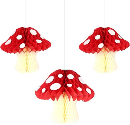 Paquete de 3 centros de mesa con forma de hongo en forma de panal, letrero colgante de techo, decoración de mesa, decoración de mesa de fiesta, selva, país de las maravillas, centros de mesa de