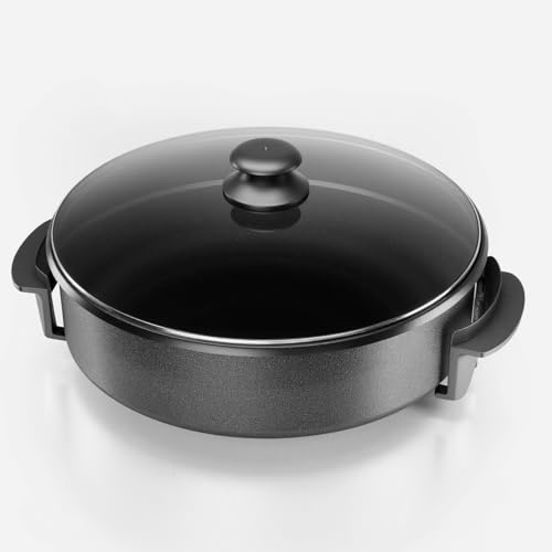 SUPERLEX Elektrische Pfanne 40cm Multifunktionspfanne 1500W mit Glasdeckel Antihaftbeschichtung Regelbarer Thermostat Elektropfanne Elektrischer Kochtopf Hotpot Paella Pfanne Partypfanne Schwarz