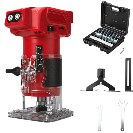 Akku Oberfräse kompatibel mit Milwaukee 18V-Akku (ohne Akku), 800 W bürstenloser Holztrimmer mit 10000–30000 U/min, 5 Geschwindigkeiten, gerader Führung und 15 Fräsbits, Handfräse für Holzbearbeitung