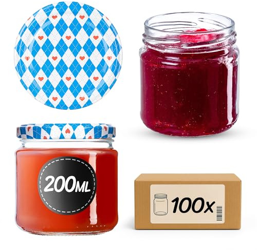 Juego de 100 tarros para envasado KADAX 200ml TO66, tarros para mermelada, tarros de almacenamiento de alimentos, frasco Mason con tapa de rosca, hermético y apto para lavavajillas, tarros para miel y