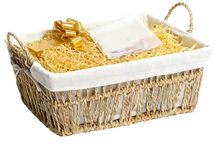 Wickerfield Gift Hamper Basket Kit with Shredded Paper, Make Your Own Gift Hamper, Woven Wicker Basket with Lining, Paper Rope and Seagrass Baskets with Handle (Seagrass Basket, Beige Filling)