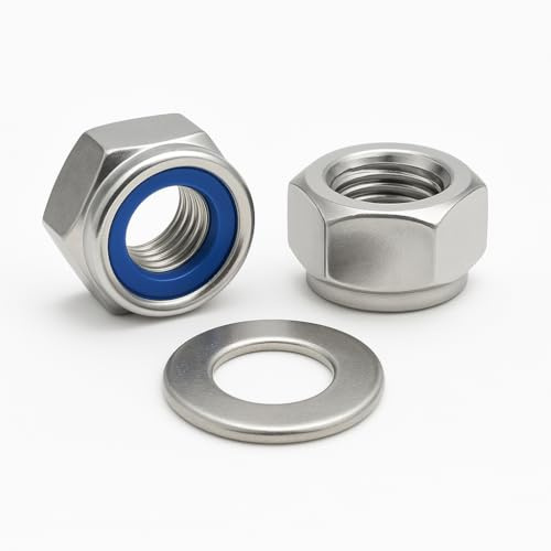 NOLDAR | Tuercas autoblocantes hexagonales con inserto de nylon DIN 985 + Arandelas planas DIN 125. Métrico M8 (20 tuercas + 20 arandelas). Acero inoxidable AISI 304 (A2)