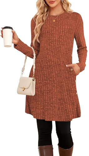 SENBATU Abito Invernale da Donna Abito Tunica in Maglia Abito a Maniche Lunghe da Donna Abito con Bottoni Laterali per Leggings(Caramello,Small)
