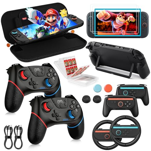 Retear Pack Accessoires Switch 2 (17 en 1), 2*Manette Pro Switch 2, Étui Tout En Un, Poignées Joycon, Verre Trempé, Coque Protectrice, Volants, Étui À Cartes Et Capuchon Joystick