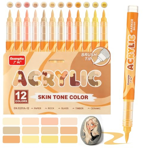 Vakki Skin Tone-Light 12 färger akrylpennor, akrylpennor för stenar vattentäta med flexibel penselspets (0,5–1 mm) för målning av stenar, keramik, glas, trä, duk