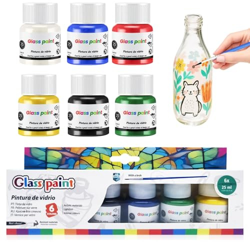KUIRUNRX® Pintura para Vidrio y Porcelana, Set de 6 x 25 ml con Pincel, Colores Cerámicos Resistentes Kit para Pintar Cerámica, Tazas, Platos y Vasos, Cobertura Alta