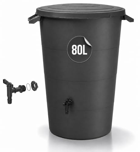 Tymar Regntunna svart, regnfat 80 L, vattentunna med kran, regnvattentank för trädgård och balkong, regnvattentunna Ø 57 x 65 cm_IDSM