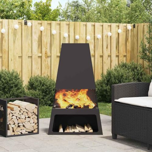 Runheo Brasero de acero negro 60 x 35 x 100 cm para exterior jardín terraza con gran capacidad de fuego para calidez y ambiente acogedor en las noches frías