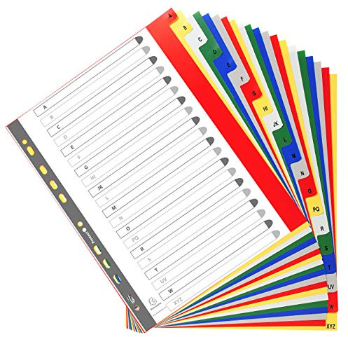 Exacompta - 90E - Separadores de polipropileno con 20 pestañas impresas alfabéticamente de la A a la Z en color -Página de indexación imprimible - Formato a archivo A4maxi - Dimensiones 24,5x29,7cm