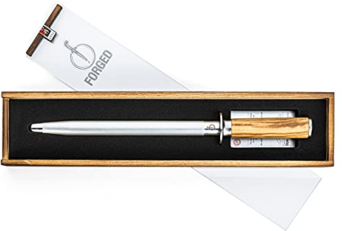 Forged Afilador de acero de oliva, diamante, 26 cm, en caja de madera.