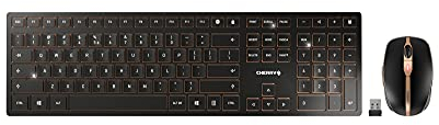 CHERRY DW 9000 SLIM, Kabelloses Tastatur- und Maus-Set, EU-Layout (QWERTY), Bluetooth & 2,4 GHz Funk, Leise Tasten, Wiederaufladbar, Schwarz-Bronze