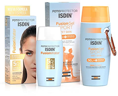Isdin Fusion Gel SPORT SPF 50+, fotoprotector Corporal refrescante, Wet Skin, 100 ml + Fusion Water SPF 50 - Protector solar facial de fase acuosa para uso diario, 50 ml