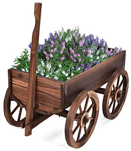 DREAMADE Fioriera da Esterno, Fioriera a Forma di Carrello, Portafiori, Decorazione da Giardino,120 x 53,5 x 43cm, Marrone