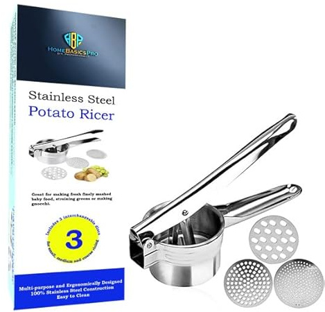 Professional Grade Stainless Steel Potato Ricer – Heavy Duty Masher & Food Press for Smooth Potatoes, Cauliflower, Baby Food, Fruit Purees & Fresh Juice – Easy to Use & Clean Kitchen Essential