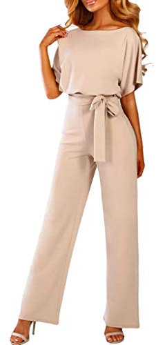 Women's Jumpsuits & Playsuits UK Elegant Loose Fit Boat Neck Jumpsuit Ladies Dungarees Sale Short Sleeve Romper Wide Leg Bib Overalls Clubwear Straight Trousers Pants Playsuit with Belt Party Beige