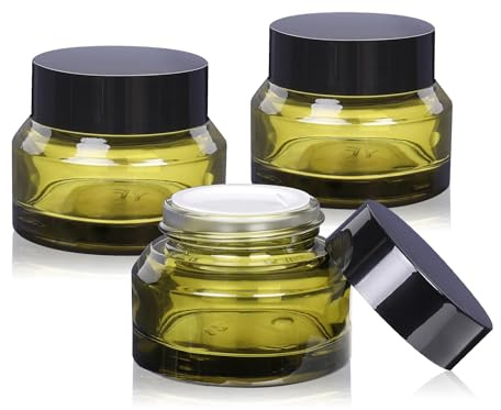 1.7 oz Glass Cosmetic Jars With Lids, 3 Pack Small Containers, 50 ml Green Empty Makeup Jars for Sample, Cream, Lotion