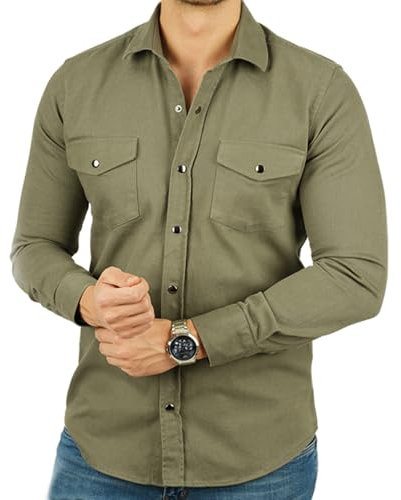 ETIKMEN Long Sleeve Oxford Shirts for Men | Cotton Slim Fit Men's Casual Shirts | Stylish Comfortable Denim Shirt with Pockets (UK, Alpha, L, Regular, Regular, Khaki)