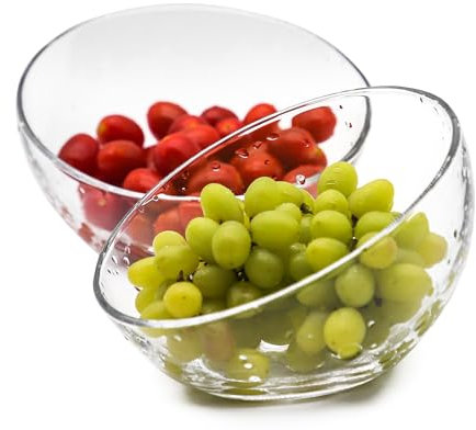 TOSSOW transparent glass set with 2 transparent slanted tilted bowls, suitable for salads, fruits, candies, popcorn, dipping sauces, seasonings, snacks, oatmeal, cat food bowls, plants, etc.