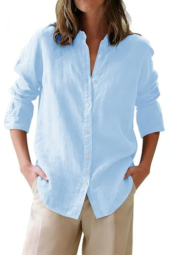 siliteelon Button Down Shirts for Women Oxford Shirt Cotton Dress Shirts Collared Long Sleeve Wrinkle Free Blouse Tops-Baby Blue M